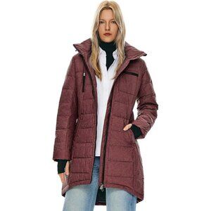 Women's Down Hooded Puffer Quilted Jacket Coat Wine Red Winter Warm Outerwear